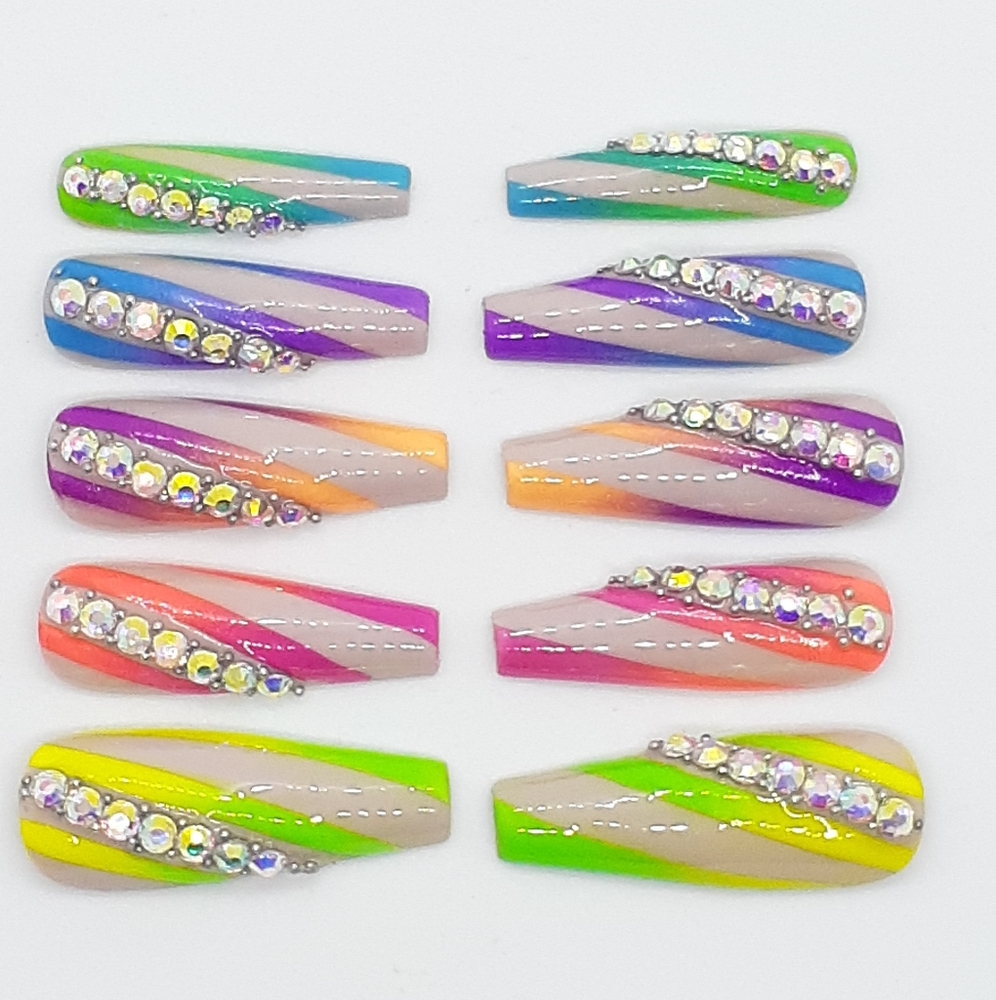Rainbow Rhinestones Press on Nails